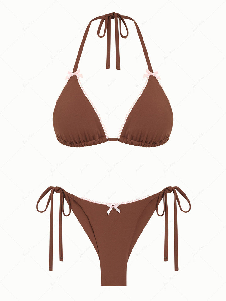Coffee Contrast Picot Bowknot Halter Triangle Top & Cheeky Brazilian Bottom Bikini Set
