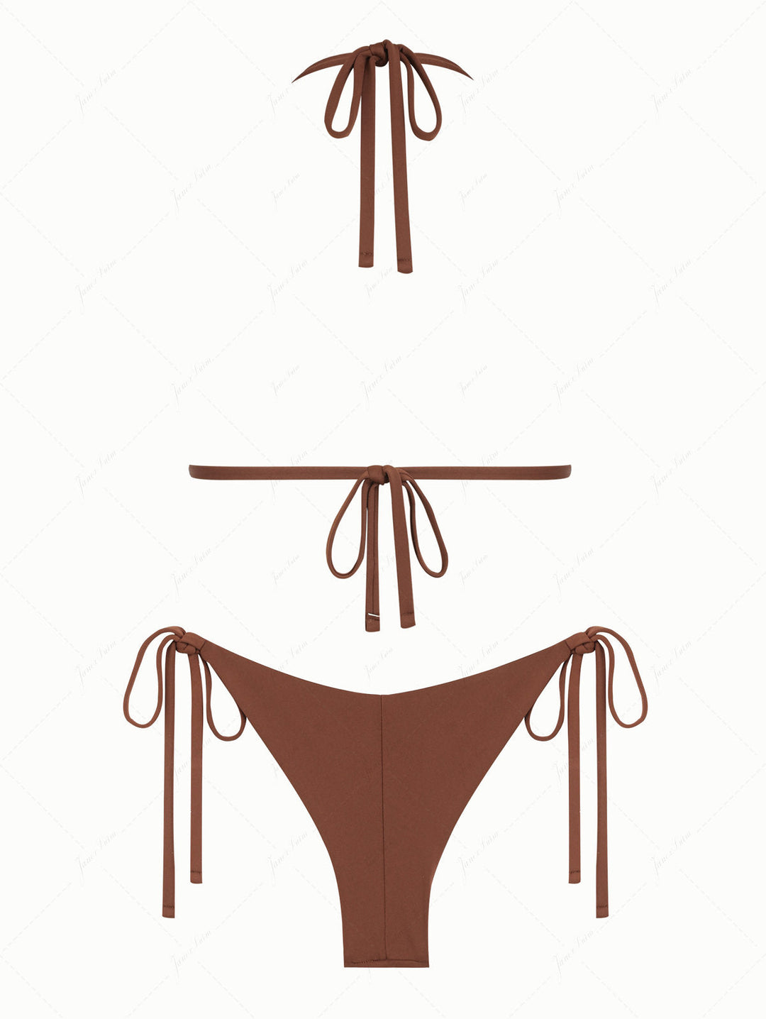 Coffee Contrast Picot Bowknot Halter Triangle Top & Cheeky Brazilian Bottom Bikini Set