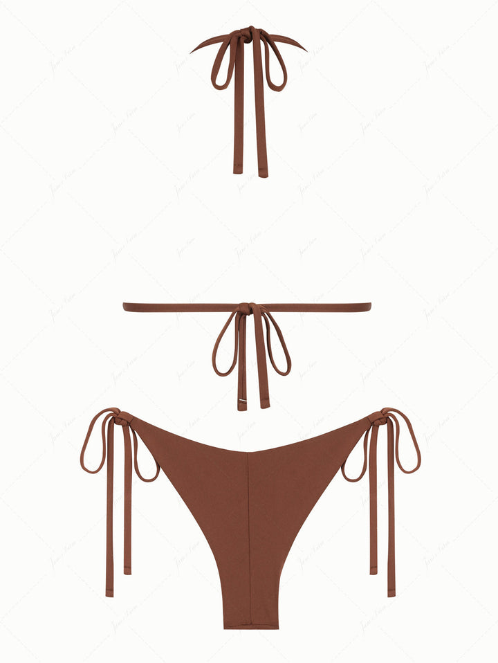 Coffee Contrast Picot Bowknot Halter Triangle Top & Cheeky Brazilian Bottom Bikini Set