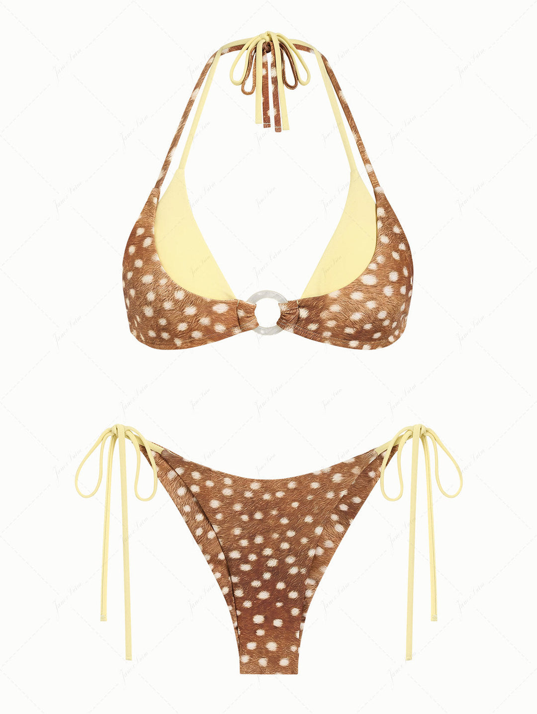 Brown Deer Print O Ring Double Layer Top & Cheeky Brazilian Bottom Bikini Set