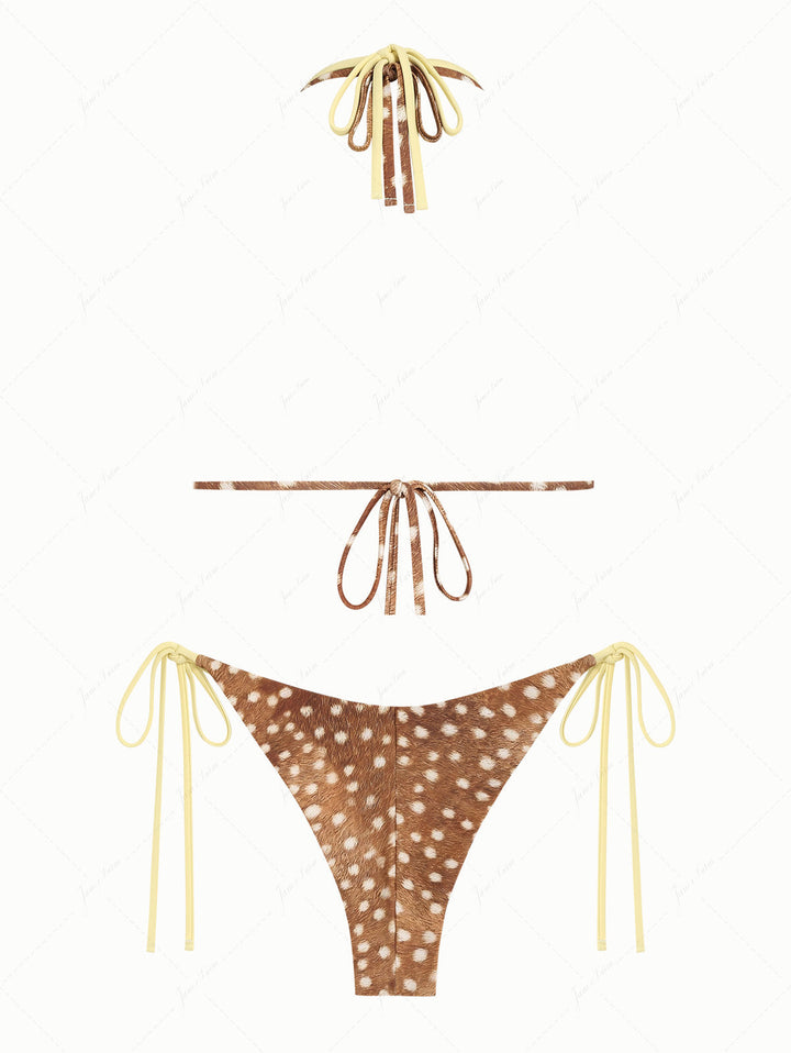 Brown Deer Print O Ring Double Layer Top & Cheeky Brazilian Bottom Bikini Set
