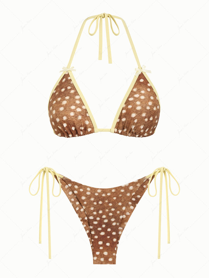 Brown Deer Print Bowknot Contrast Binding Triangle Top & Cheeky Brazilian Bottom Bikini Set