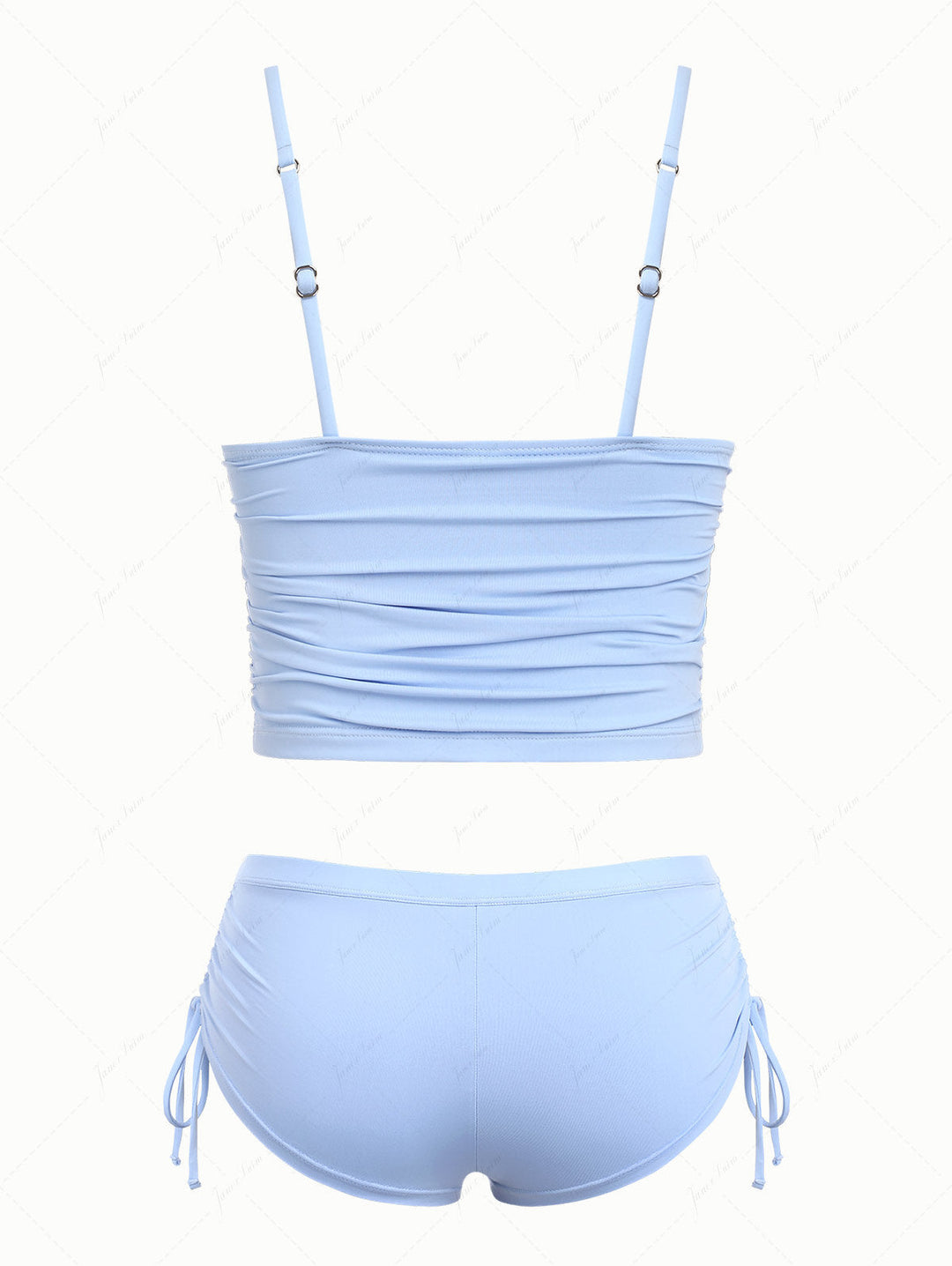 Powder Blue Solid Color Ruched Deep V Neck Cinched Cheeky Boyshorts Tankini Set