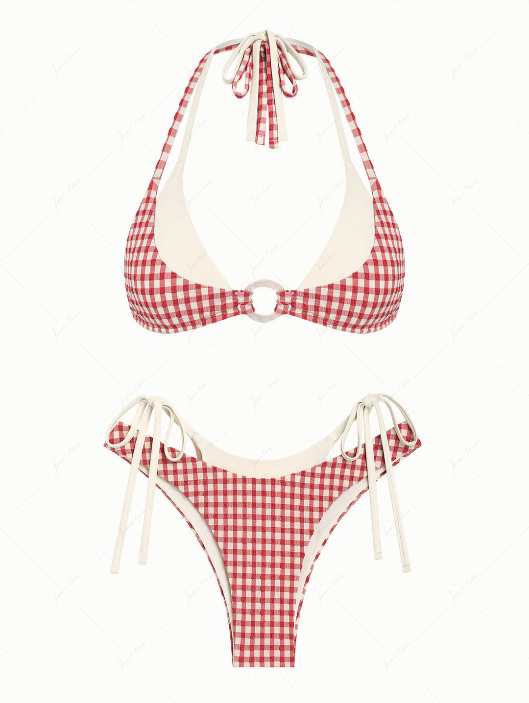 Pomegranate Red Gingham Textured O Ring Double Layer Bikini Set