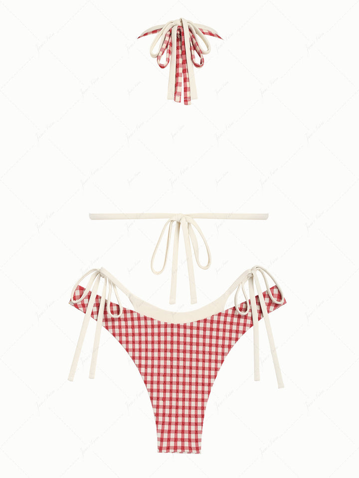 Pomegranate Red Gingham Textured O Ring Double Layer Bikini Set