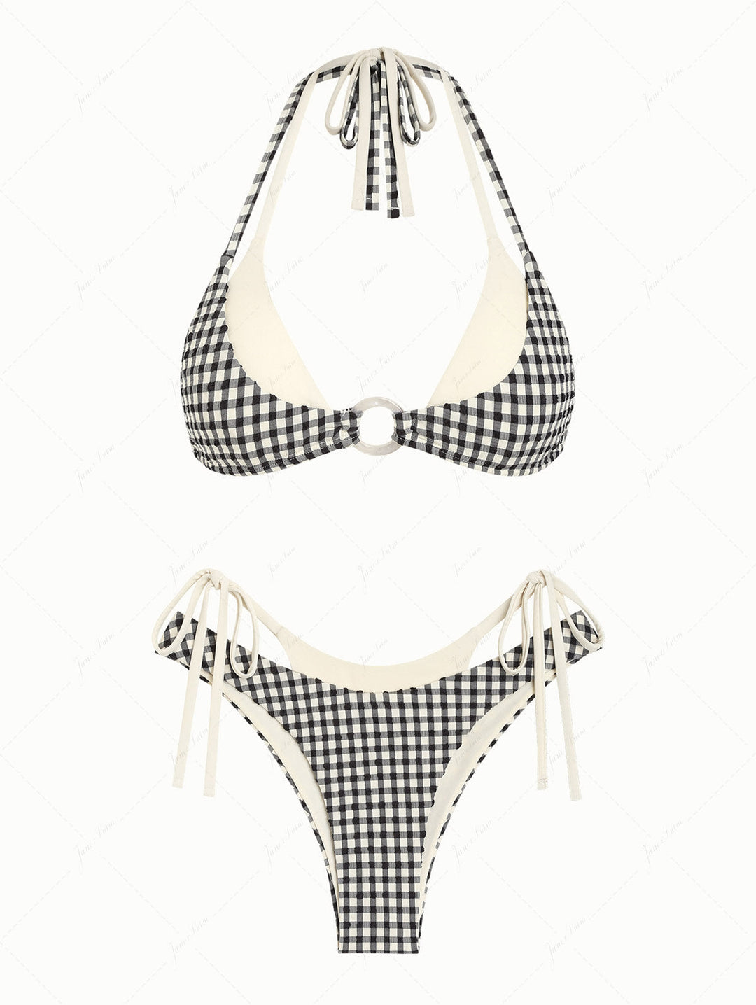 Black Gingham Textured O Ring Double Layer Bikini Set