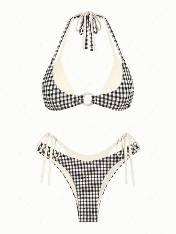 Black Gingham Textured O Ring Double Layer Bikini Set