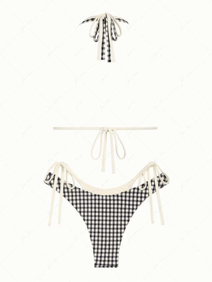 Black Gingham Textured O Ring Double Layer Bikini Set
