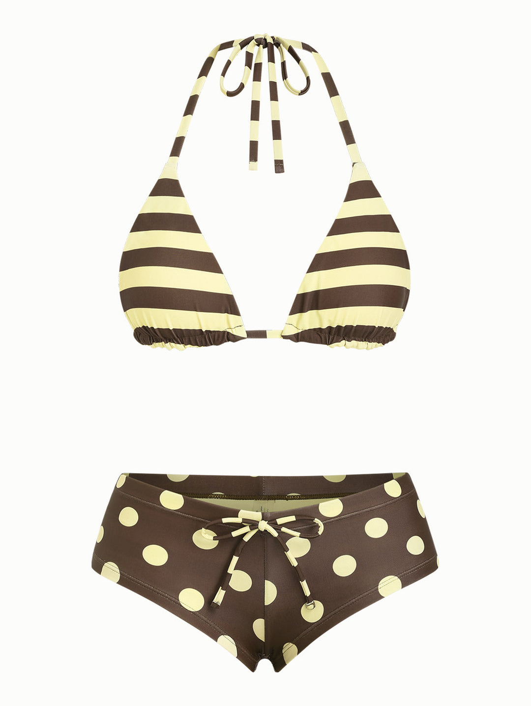 Coffee Striped Polka Dot Halter Triangle Reversible Top & Cheeky Boyshorts Bikini Set