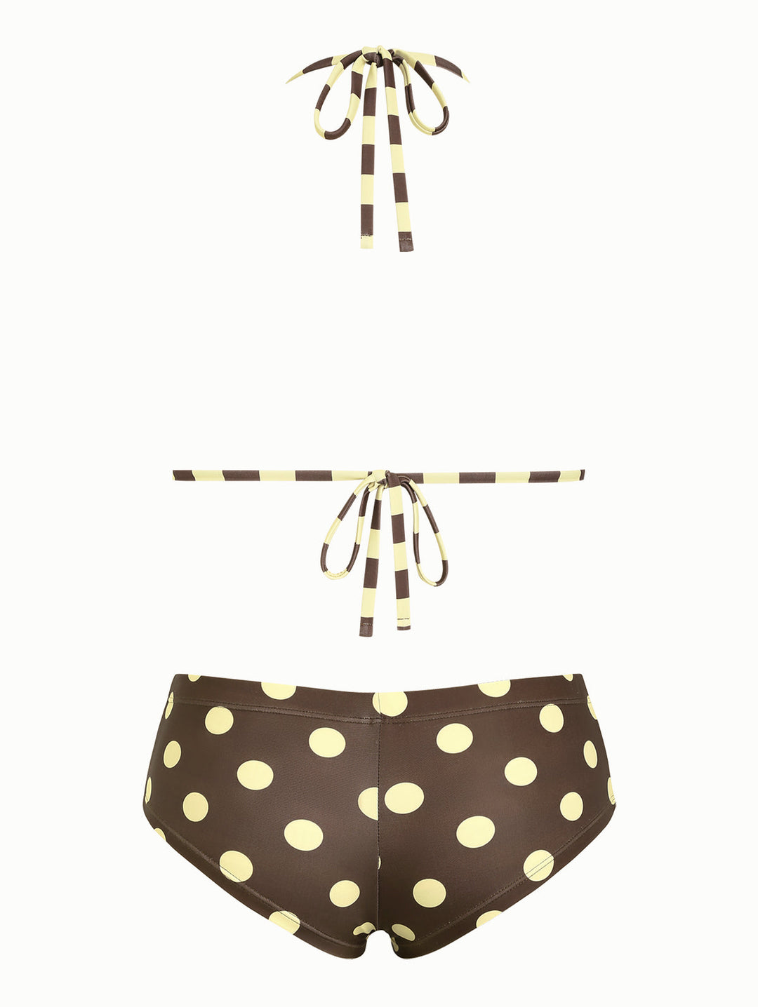 Coffee Striped Polka Dot Halter Triangle Reversible Top & Cheeky Boyshorts Bikini Set