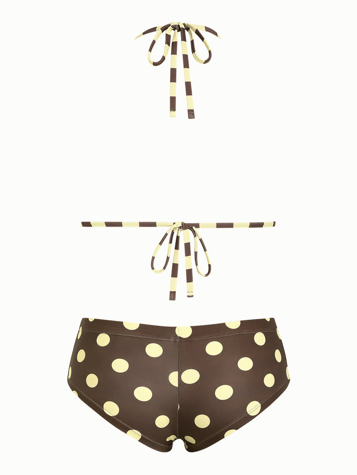 Coffee Striped Polka Dot Halter Triangle Reversible Top & Cheeky Boyshorts Bikini Set
