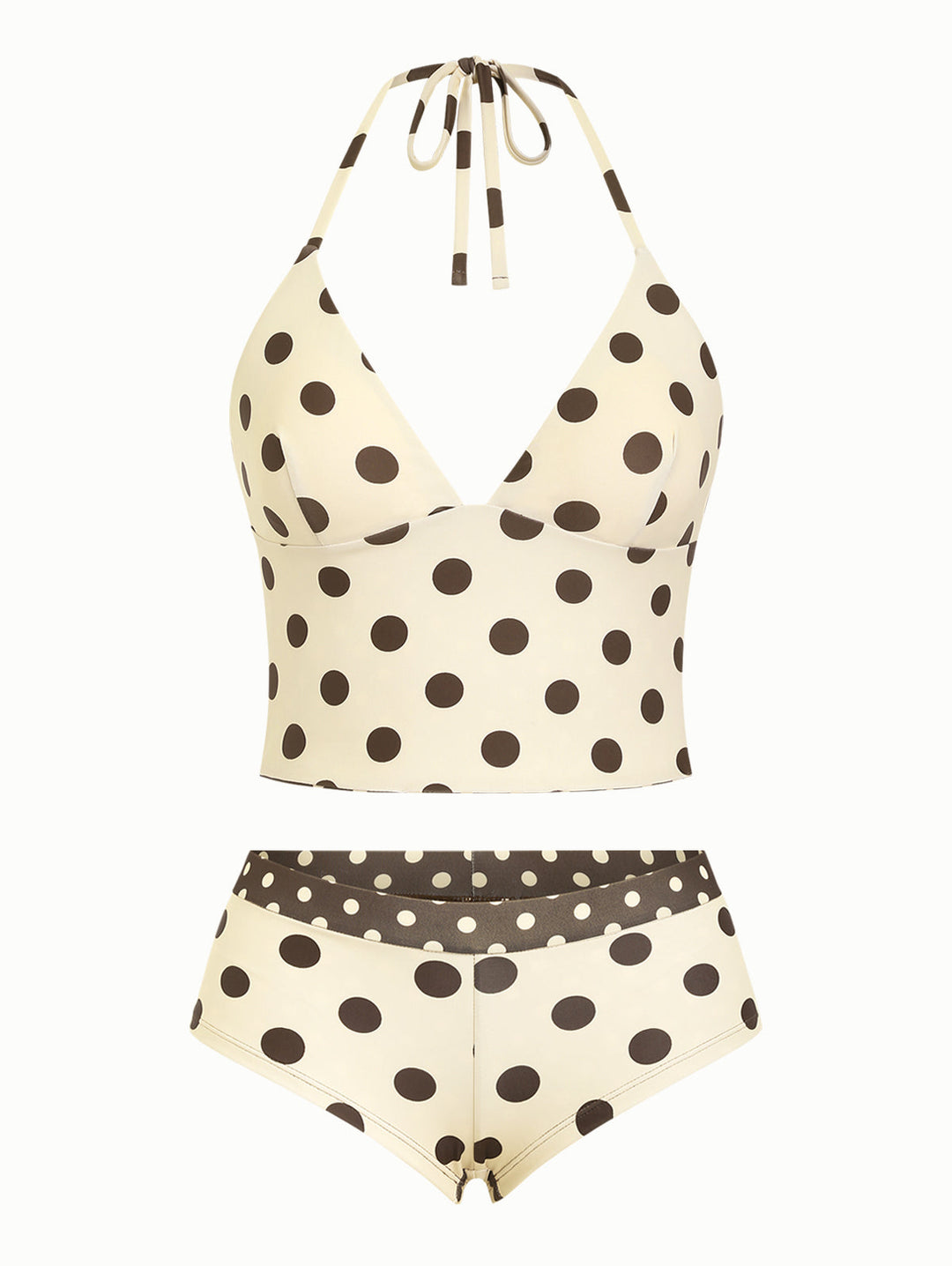 Apricot Polka Dot Halter Tied Back Reversible Top & Cheeky Boyshorts Tankini Set