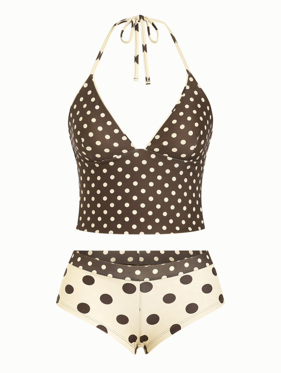 Apricot Polka Dot Halter Tied Back Reversible Top & Cheeky Boyshorts Tankini Set