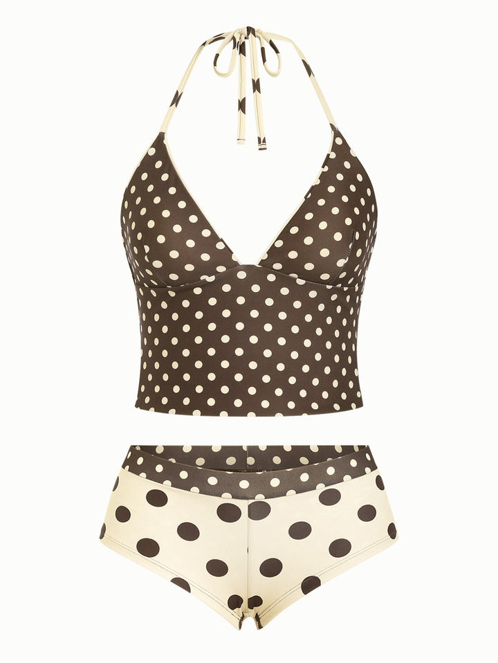 Apricot Polka Dot Halter Tied Back Reversible Top & Cheeky Boyshorts Tankini Set
