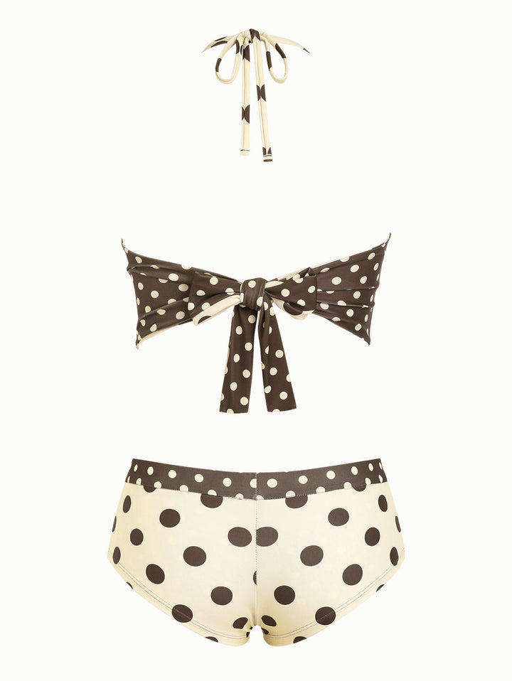 Apricot Polka Dot Halter Tied Back Reversible Top & Cheeky Boyshorts Tankini Set