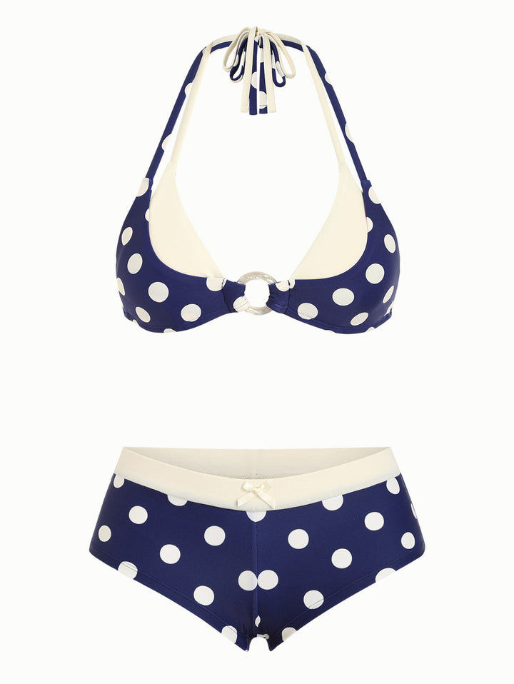 Deep Blue Polka Dot Print O Ring Double Layer Top & Cheeky Boyshorts Bikini Set