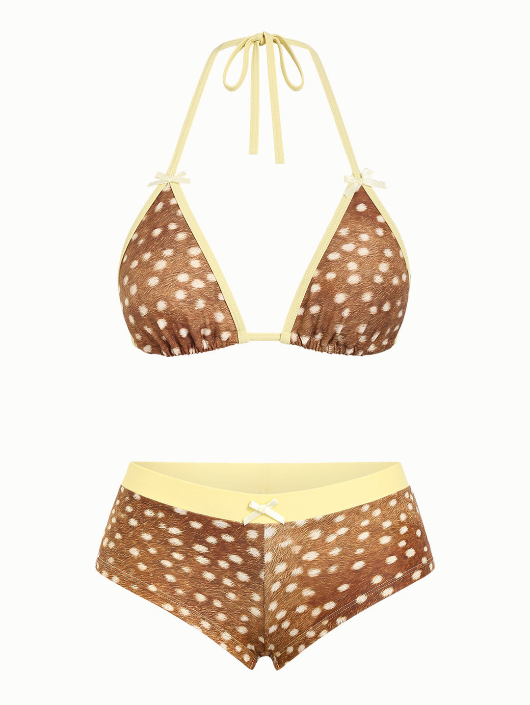 Brown Deer Print Bowknot Contrast Binding Triangle Cheeky Boyshorts Bikini Set