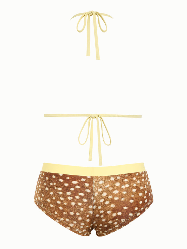 Brown Deer Print Bowknot Contrast Binding Triangle Cheeky Boyshorts Bikini Set