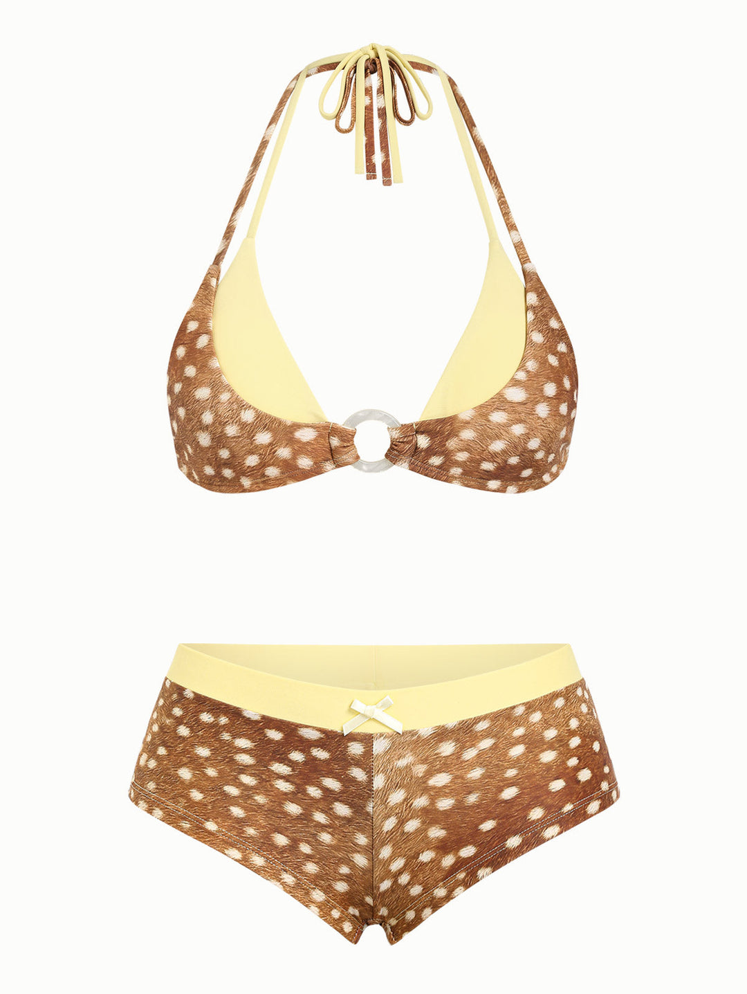 Brown Deer Print O Ring Double Layer Top & Cheeky Boyshorts Bikini Set