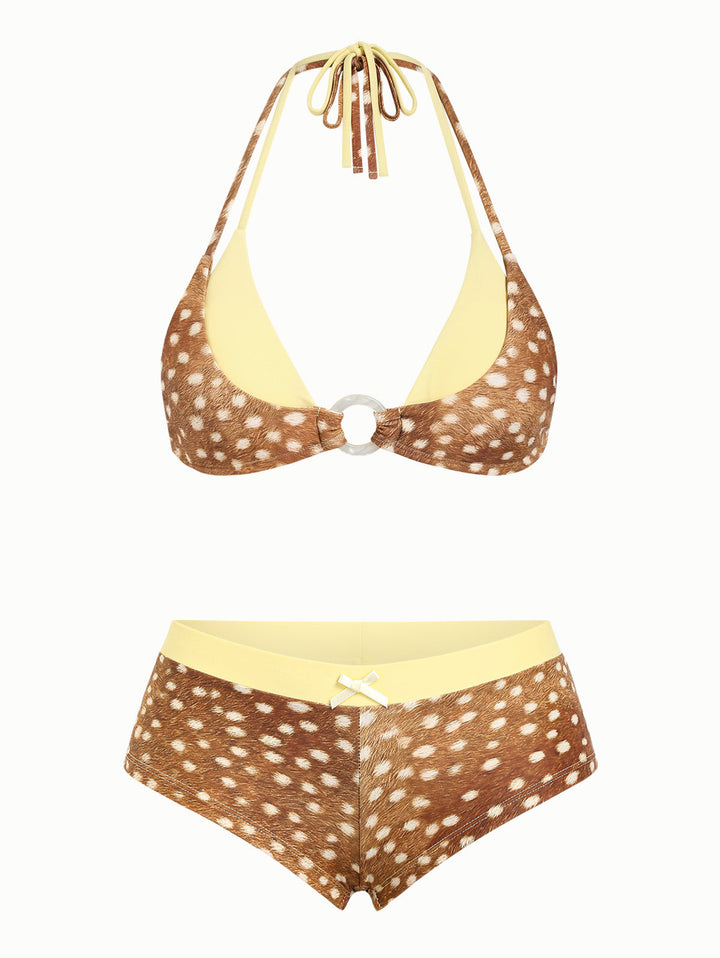 Brown Deer Print O Ring Double Layer Top & Cheeky Boyshorts Bikini Set