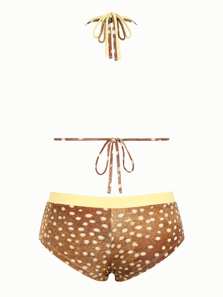 Brown Deer Print O Ring Double Layer Top & Cheeky Boyshorts Bikini Set