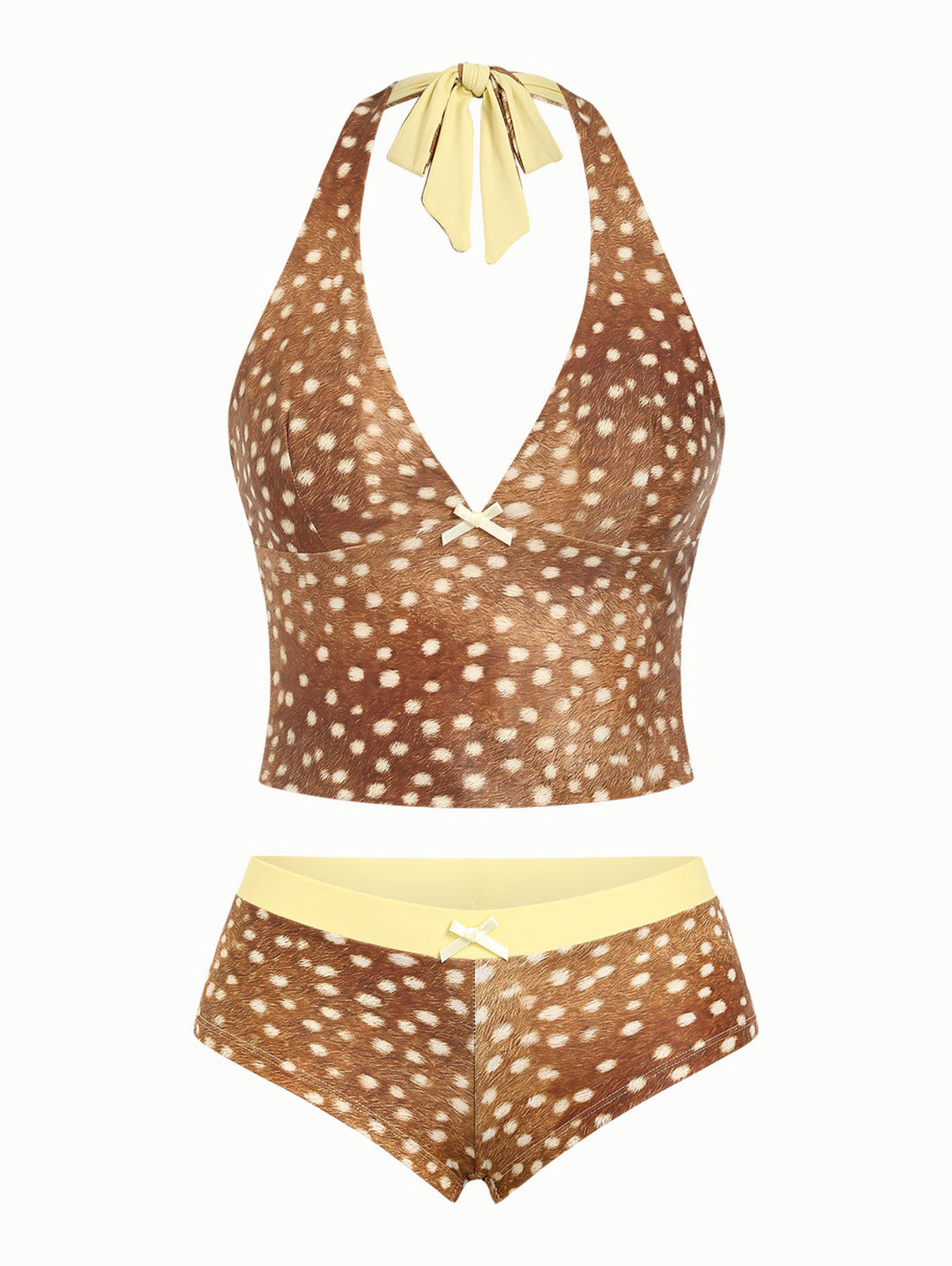 Brown Deer Print Bowknot Halter Tied Back Reversible Top & Cheeky Boyshorts Tankini Set