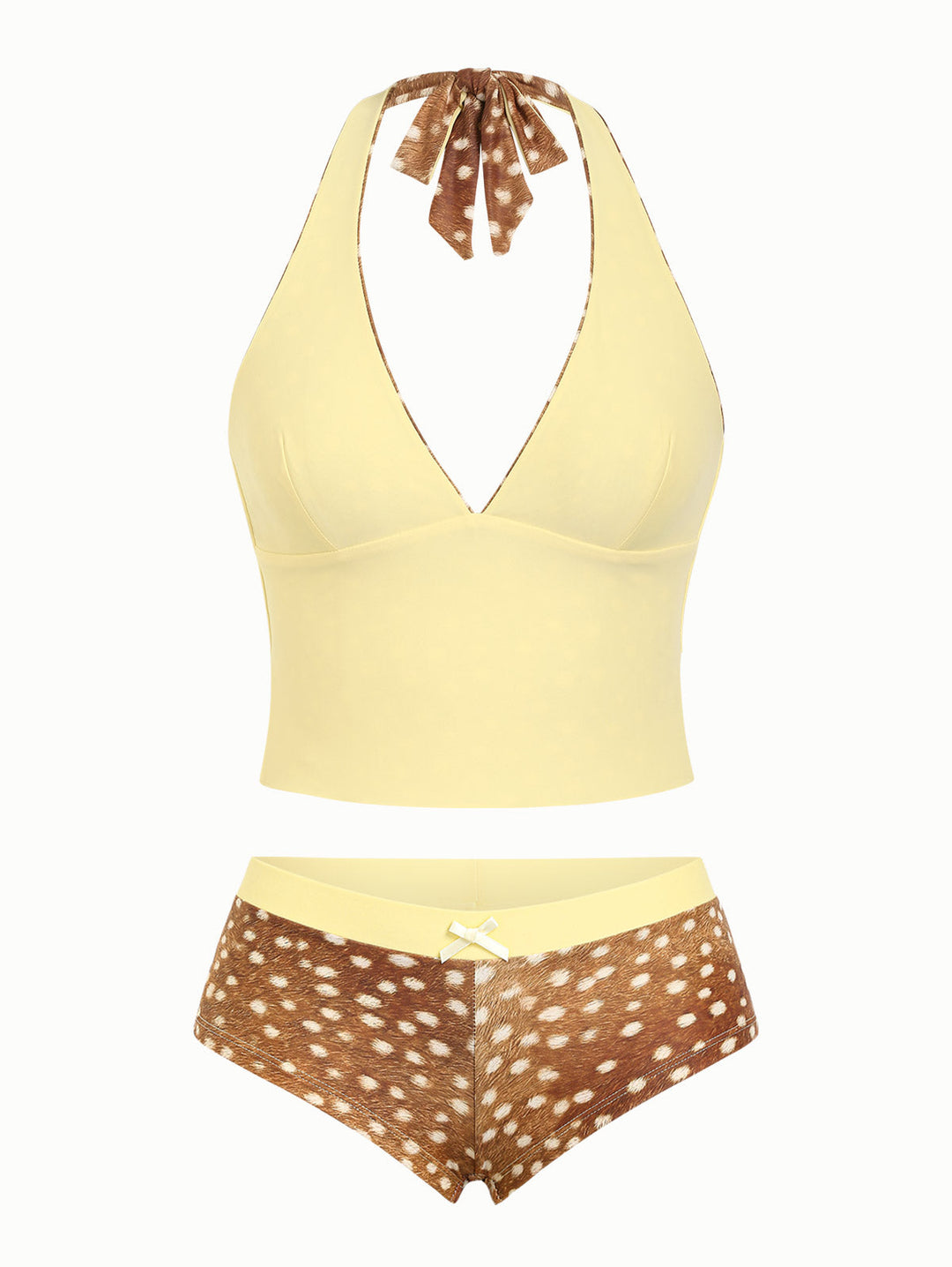 Brown Deer Print Bowknot Halter Tied Back Reversible Top & Cheeky Boyshorts Tankini Set