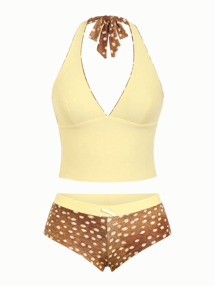 Brown Deer Print Bowknot Halter Tied Back Reversible Top & Cheeky Boyshorts Tankini Set