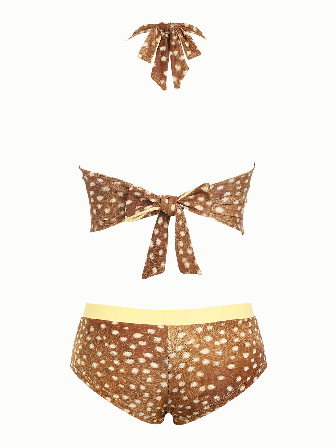 Brown Deer Print Bowknot Halter Tied Back Reversible Top & Cheeky Boyshorts Tankini Set