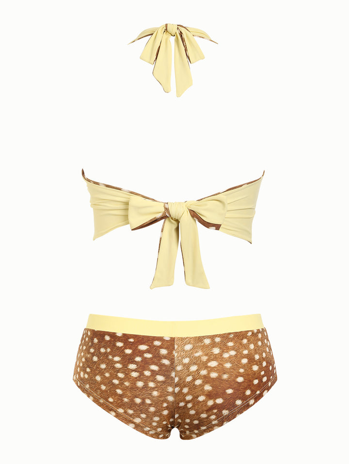 Brown Deer Print Bowknot Halter Tied Back Reversible Top & Cheeky Boyshorts Tankini Set