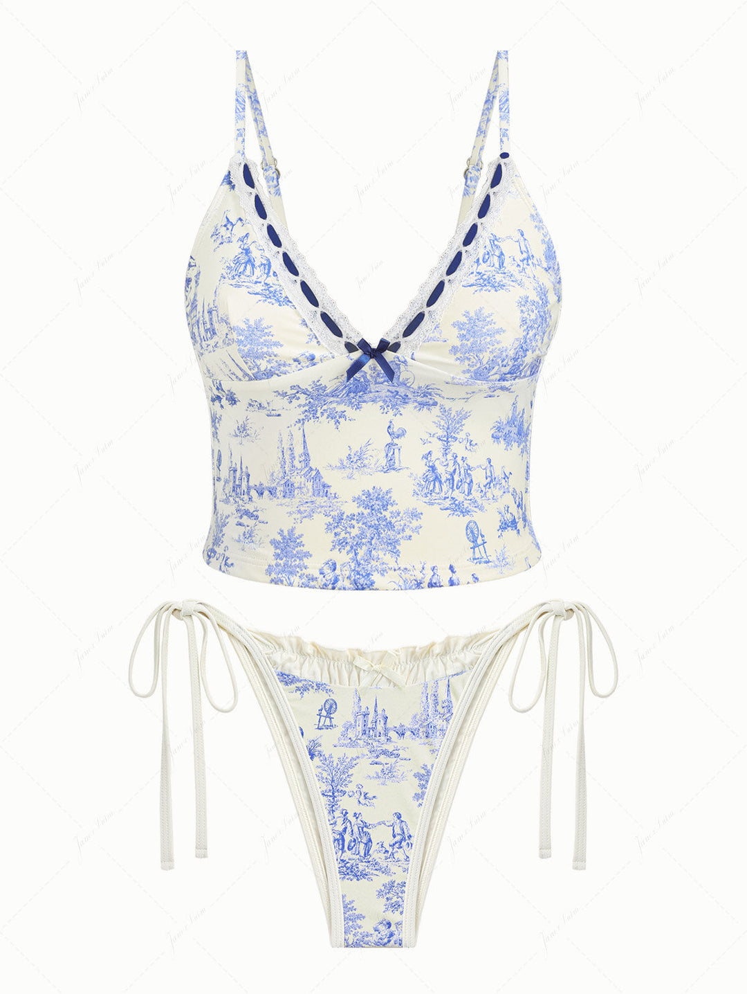 Crystal Cream Toile de Jouy Print Plunging Neck String Tankini Set