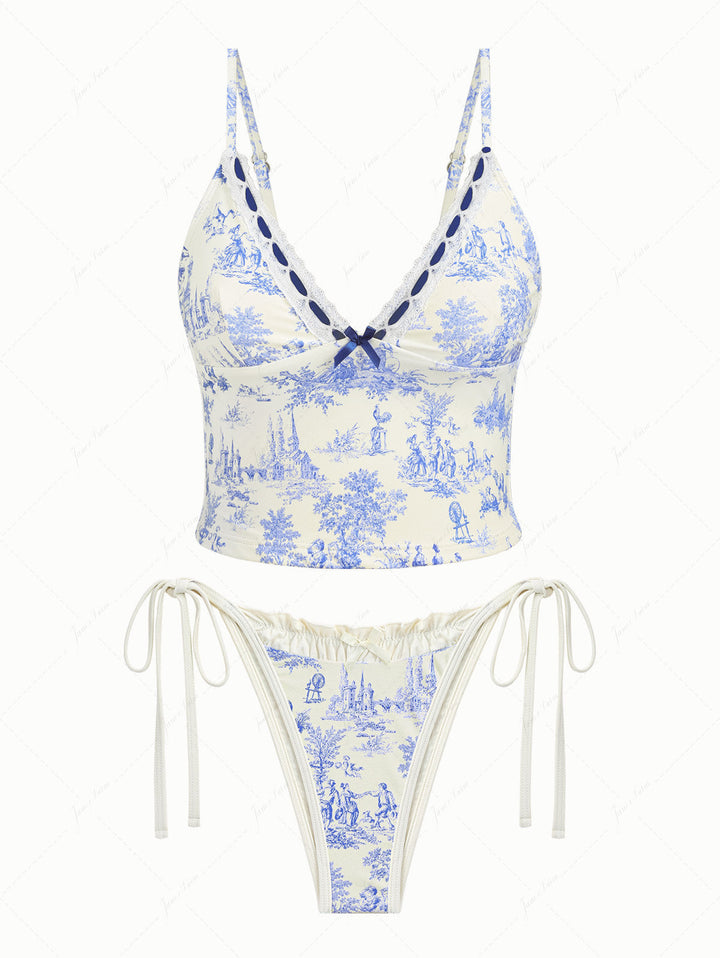 Crystal Cream Toile de Jouy Print Plunging Neck String Tankini Set