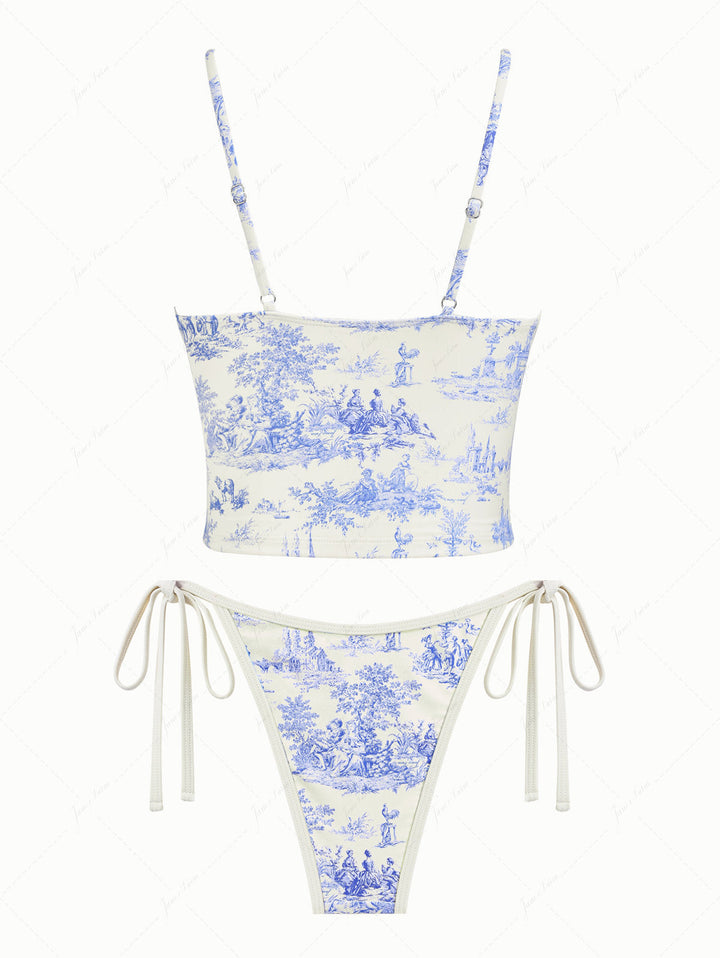 Crystal Cream Toile de Jouy Print Plunging Neck String Tankini Set