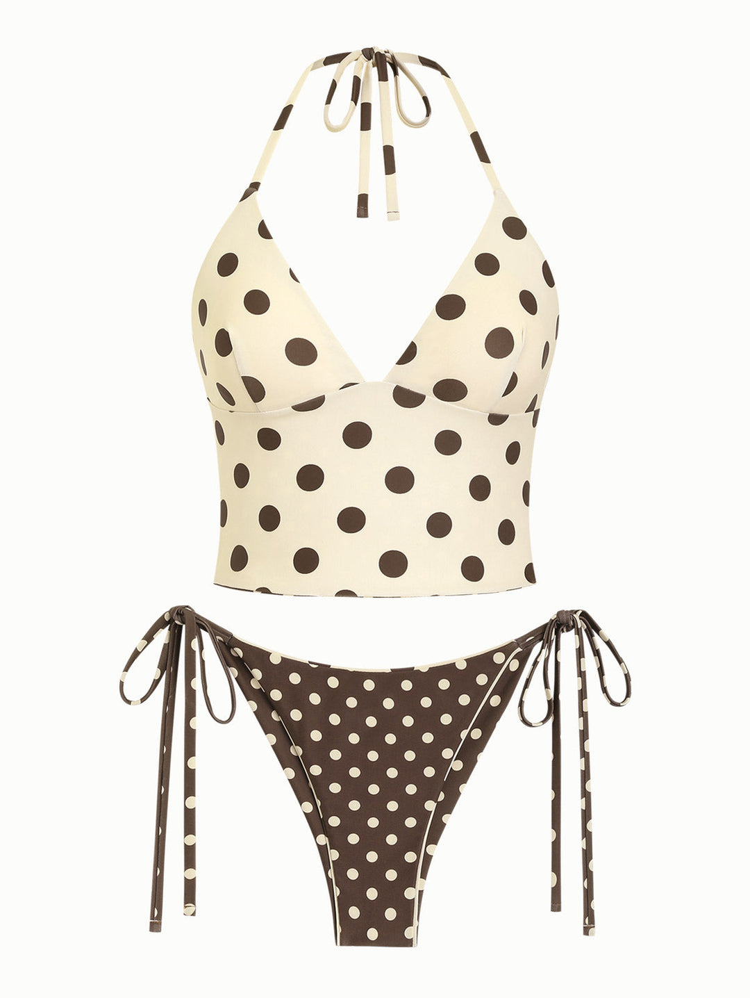 Apricot Polka Dot Halter Tied Back Top & Cheeky Brazilian Bottom Reversible Tankini Set