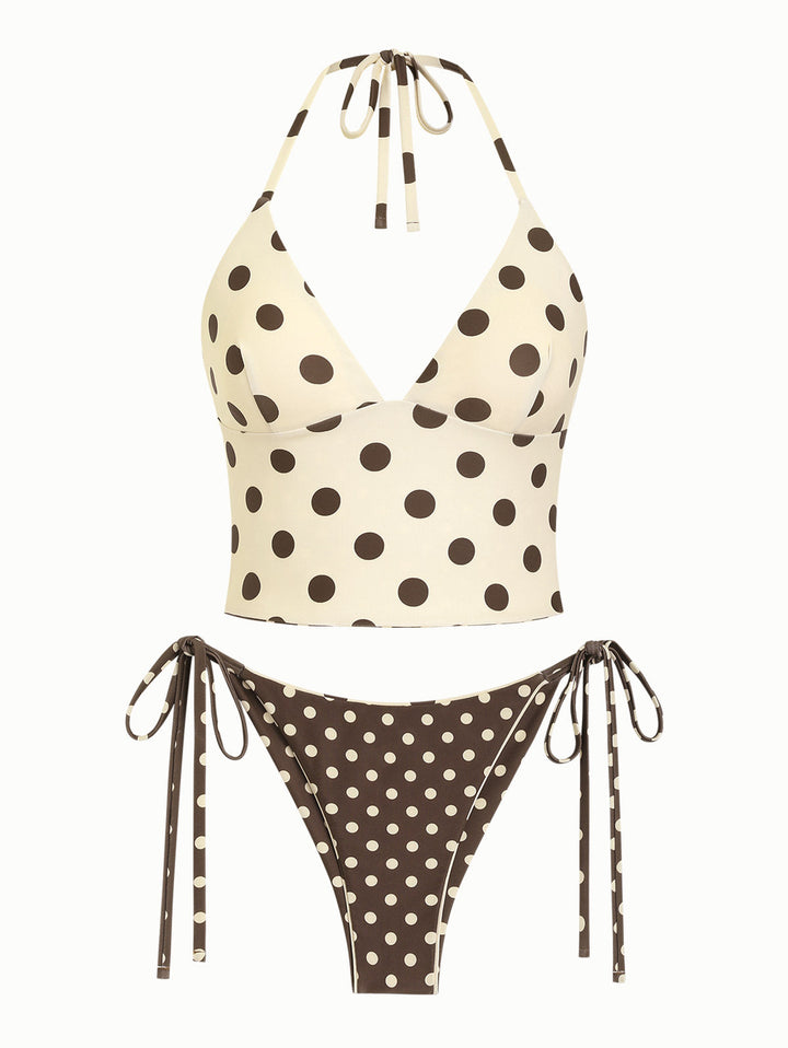 Apricot Polka Dot Halter Tied Back Top & Cheeky Brazilian Bottom Reversible Tankini Set