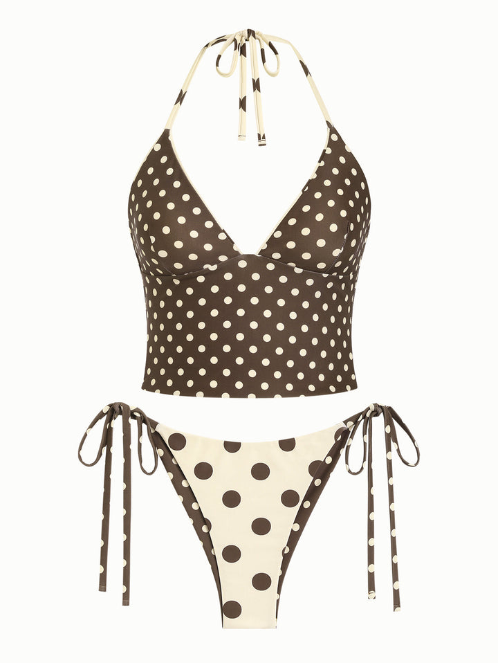 Apricot Polka Dot Halter Tied Back Top & Cheeky Brazilian Bottom Reversible Tankini Set