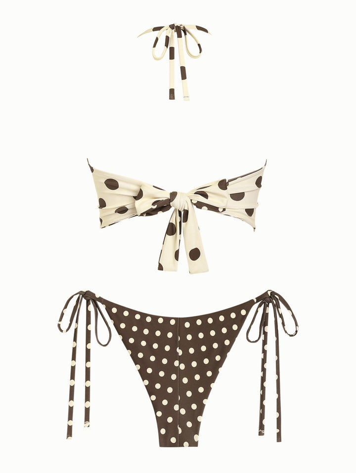 Apricot Polka Dot Halter Tied Back Top & Cheeky Brazilian Bottom Reversible Tankini Set