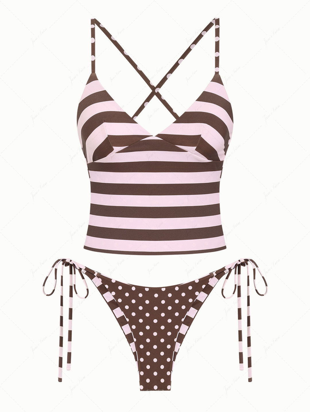 Pink Striped Polka Dot Crisscross Tie Top & Cheeky Brazilian Bottom Reversible Tankini Set