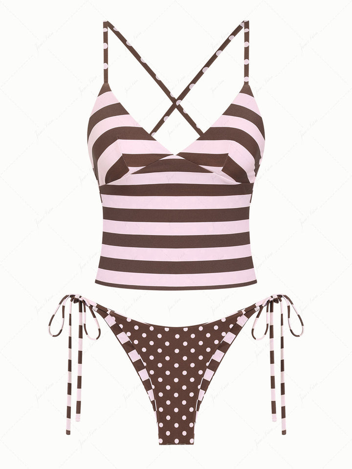 Pink Striped Polka Dot Crisscross Tie Top & Cheeky Brazilian Bottom Reversible Tankini Set