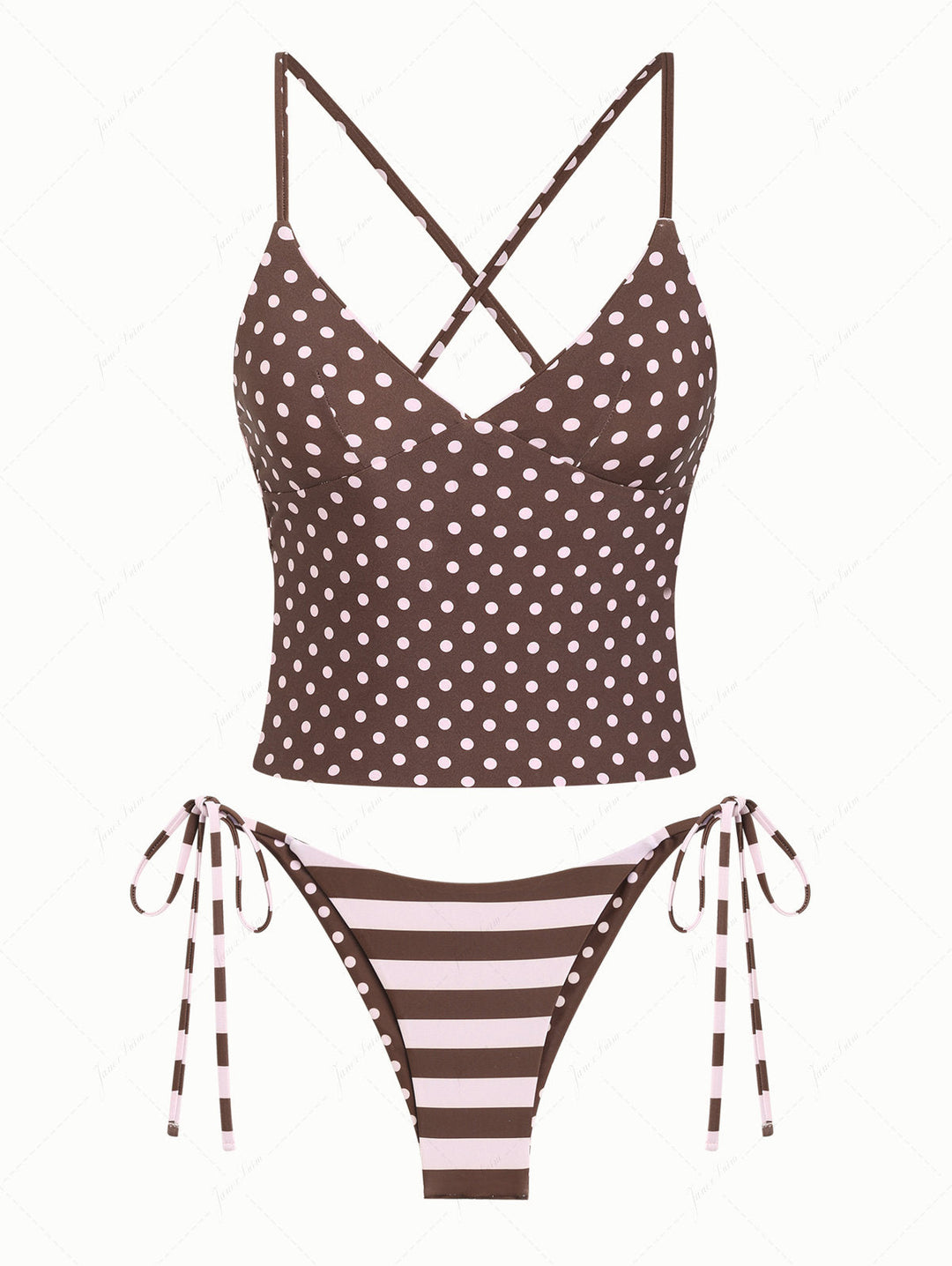 Pink Striped Polka Dot Crisscross Tie Top & Cheeky Brazilian Bottom Reversible Tankini Set