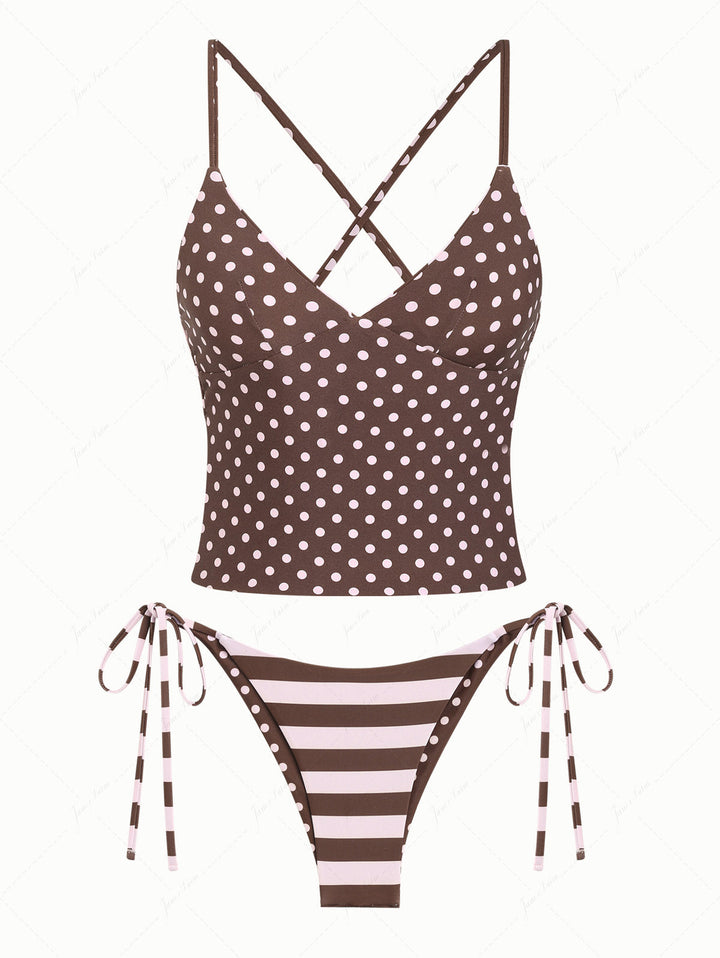 Pink Striped Polka Dot Crisscross Tie Top & Cheeky Brazilian Bottom Reversible Tankini Set
