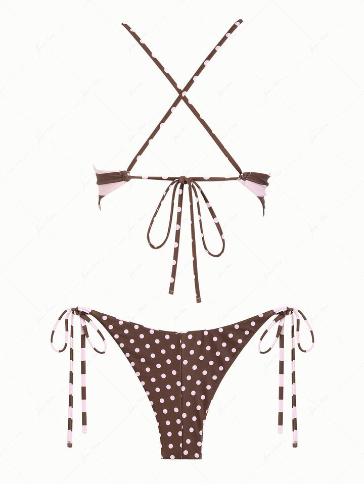 Pink Striped Polka Dot Crisscross Tie Top & Cheeky Brazilian Bottom Reversible Tankini Set