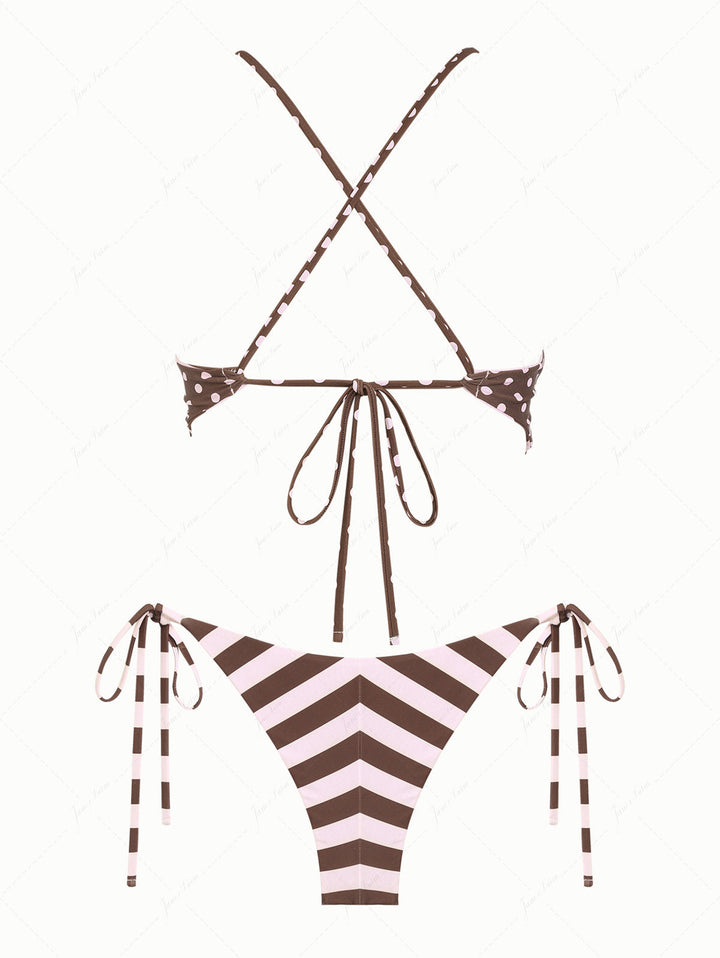 Pink Striped Polka Dot Crisscross Tie Top & Cheeky Brazilian Bottom Reversible Tankini Set