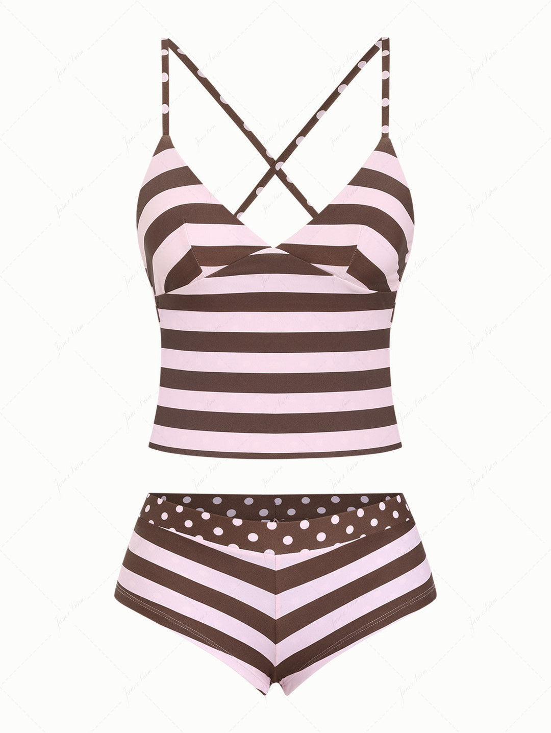 Pink Striped Polka Dot Crisscross Tie Reversible Top & Cheeky Boyshorts Tankini  Set