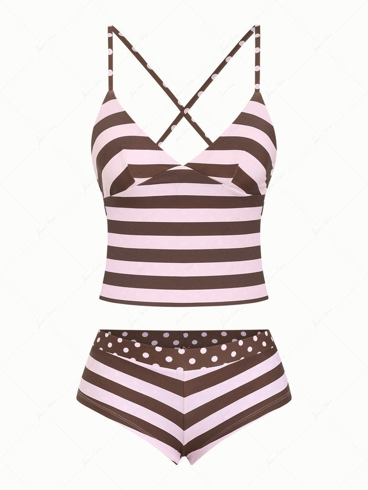 Pink Striped Polka Dot Crisscross Tie Reversible Top & Cheeky Boyshorts Tankini  Set
