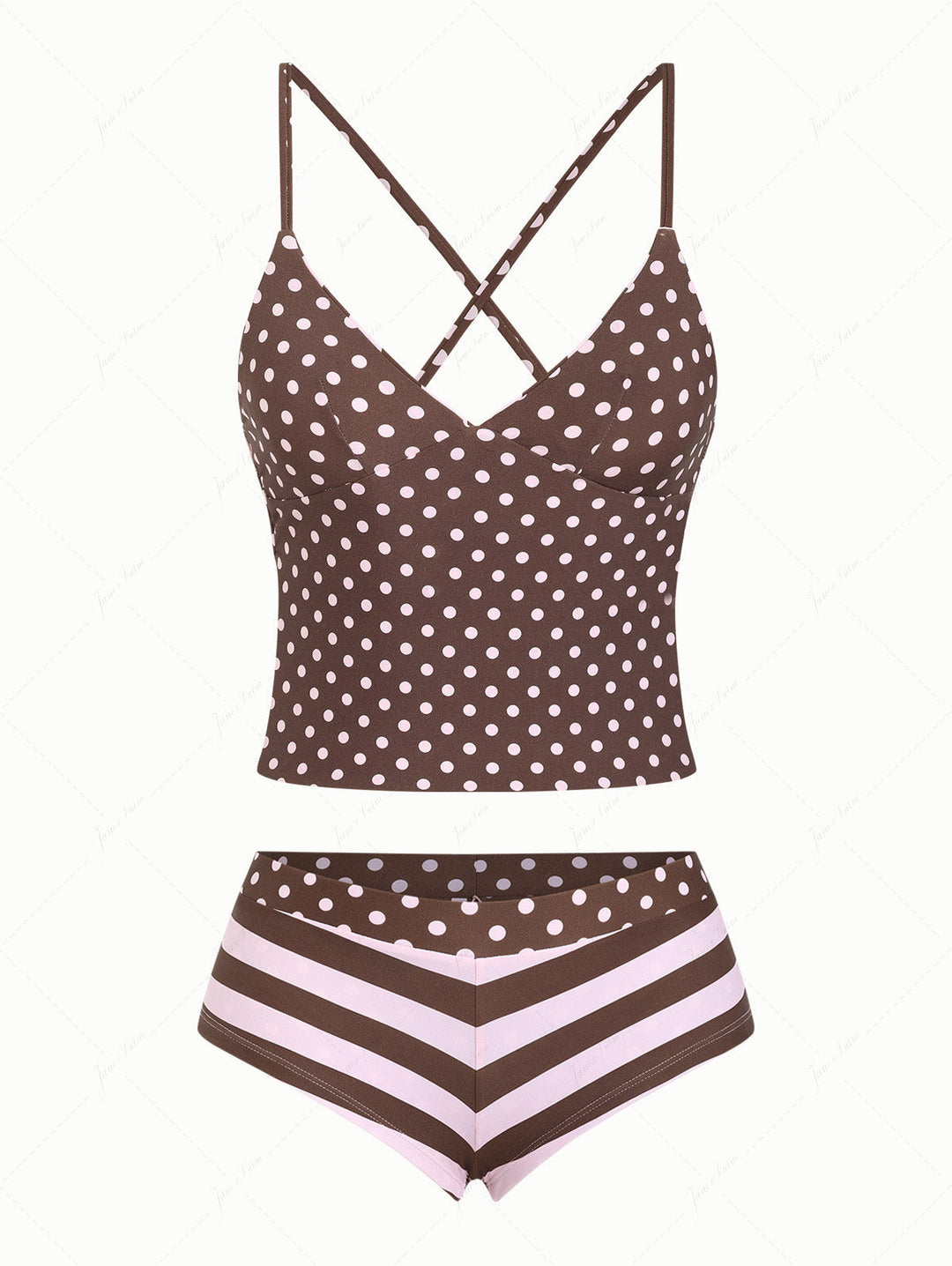 Pink Striped Polka Dot Crisscross Tie Reversible Top & Cheeky Boyshorts Tankini  Set