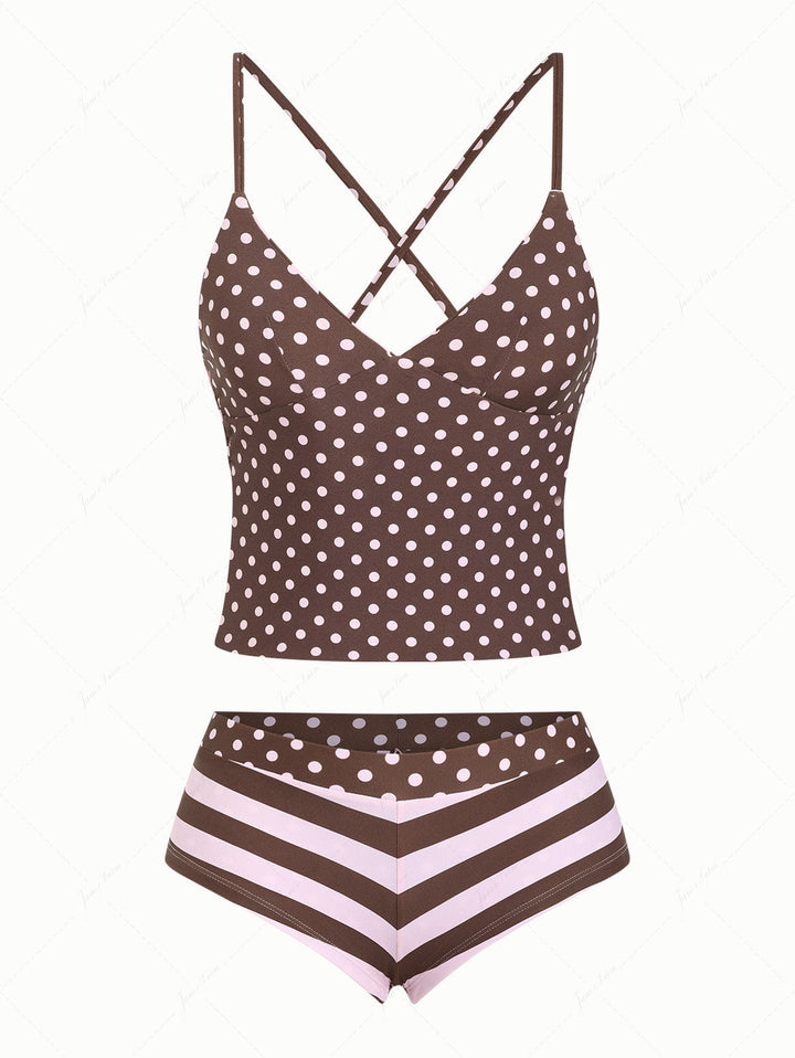 Pink Striped Polka Dot Crisscross Tie Reversible Top & Cheeky Boyshorts Tankini  Set