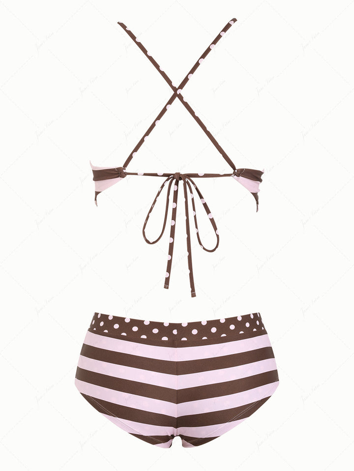 Pink Striped Polka Dot Crisscross Tie Reversible Top & Cheeky Boyshorts Tankini  Set