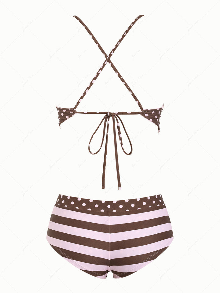 Pink Striped Polka Dot Crisscross Tie Reversible Top & Cheeky Boyshorts Tankini  Set