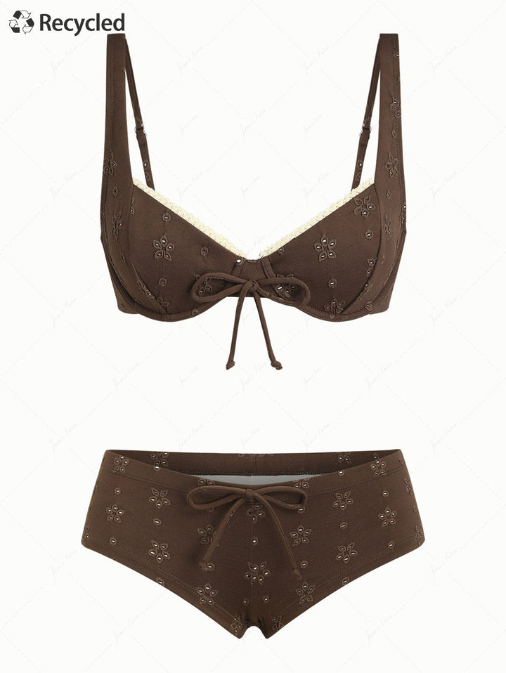 Deep Coffee Recycled Fabric Jacquard Lace Bowknot Underwire Cheeky Boyshorts Bikini Set